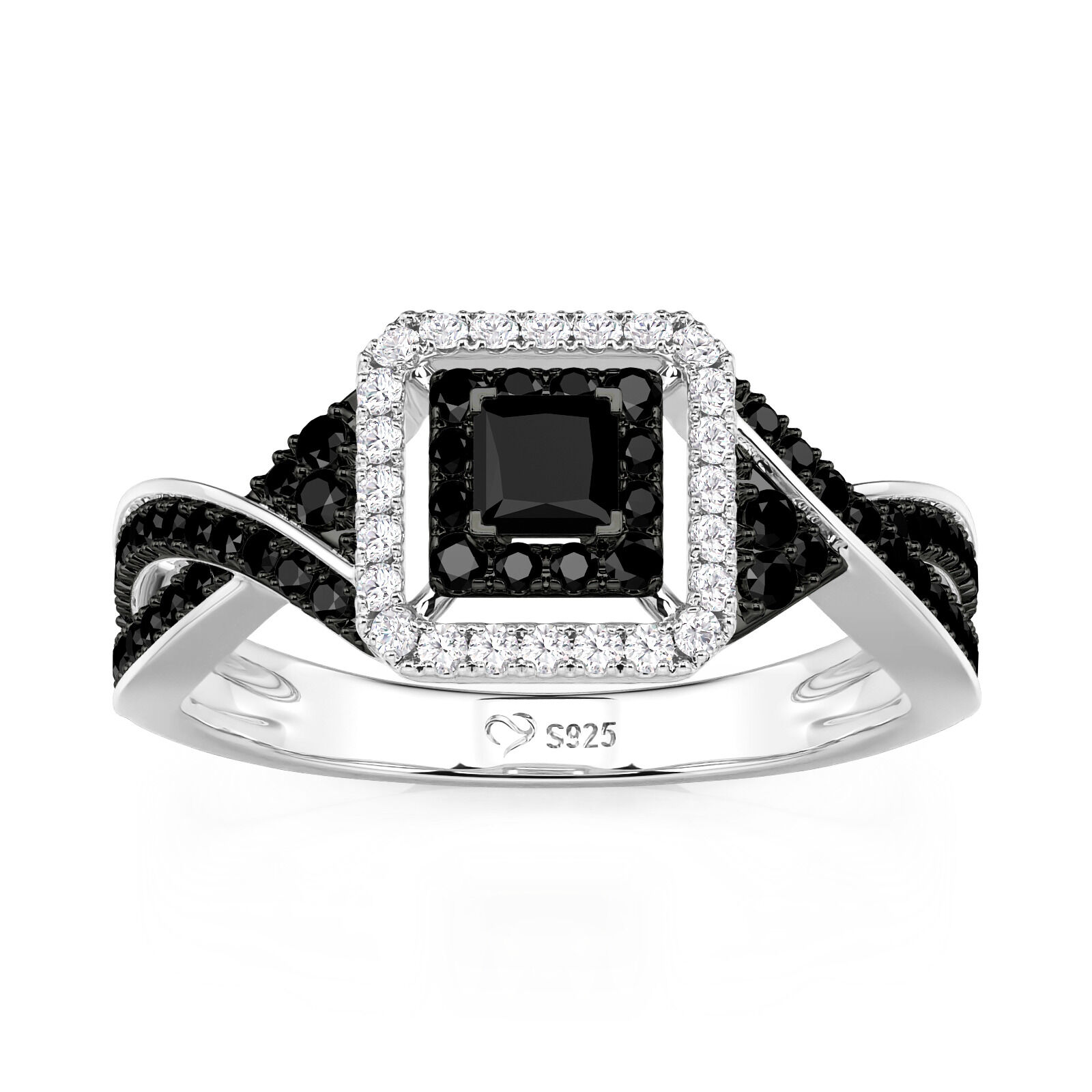 Juelvia Double Halo Black Engagement Ring Sterling Silver