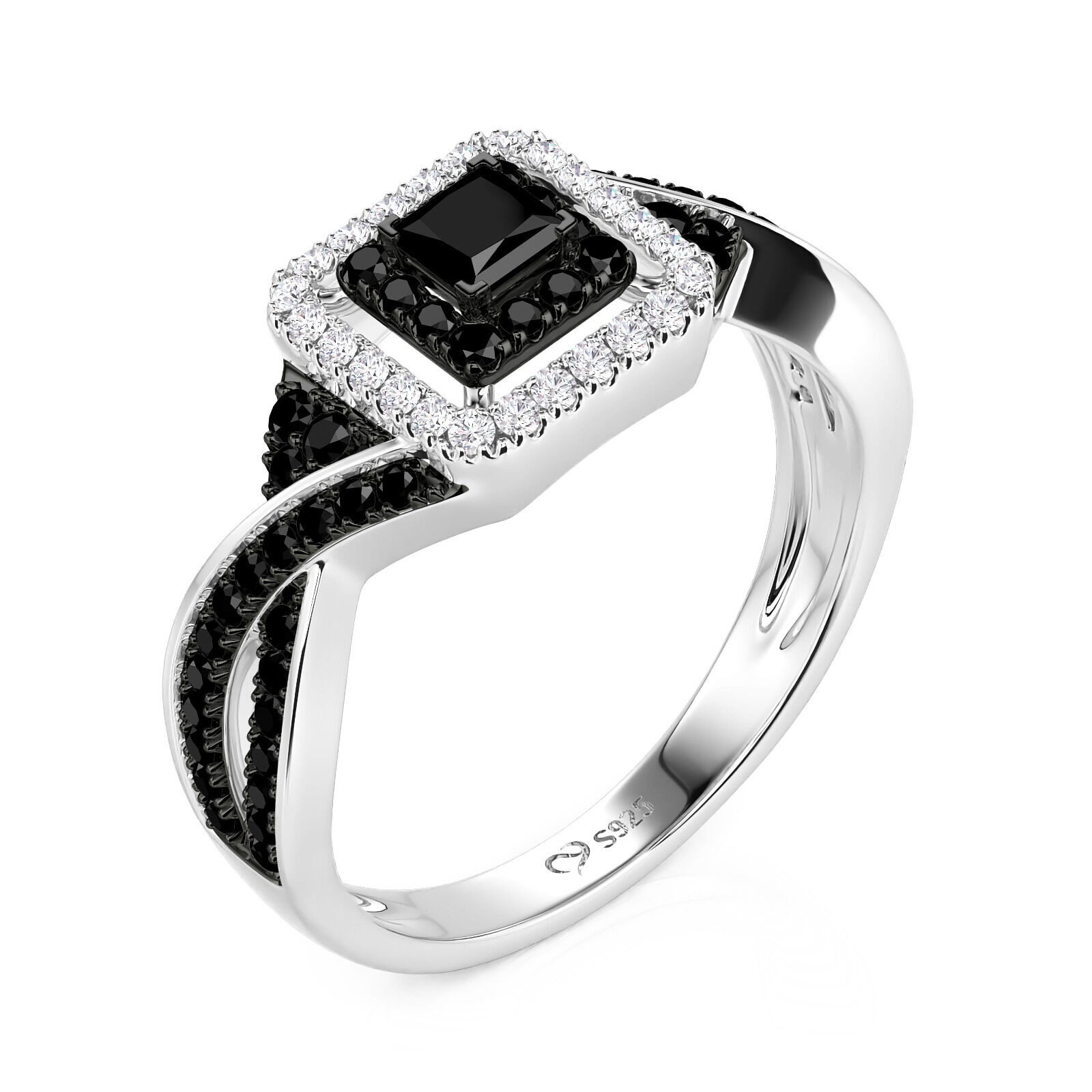 Juelvia Double Halo Black Engagement Ring Sterling Silver