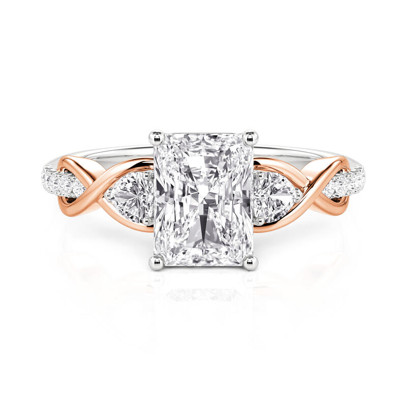 Two Tone Infinity Radiant Three Stone Engagement Ring