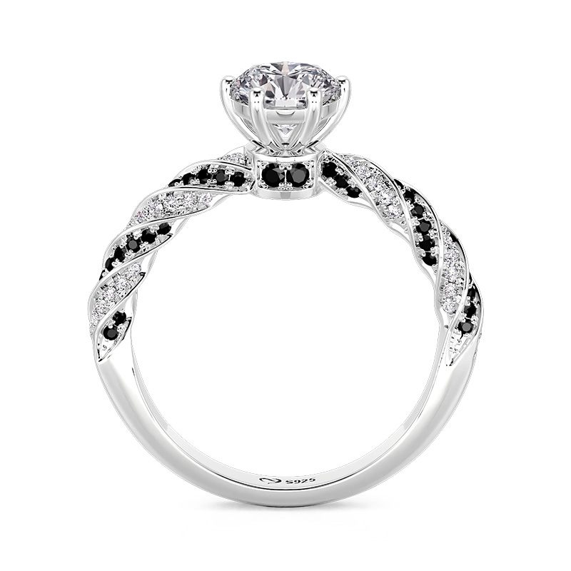 Juelvia Twisted Black and White Round Solitaire Engagement Ring