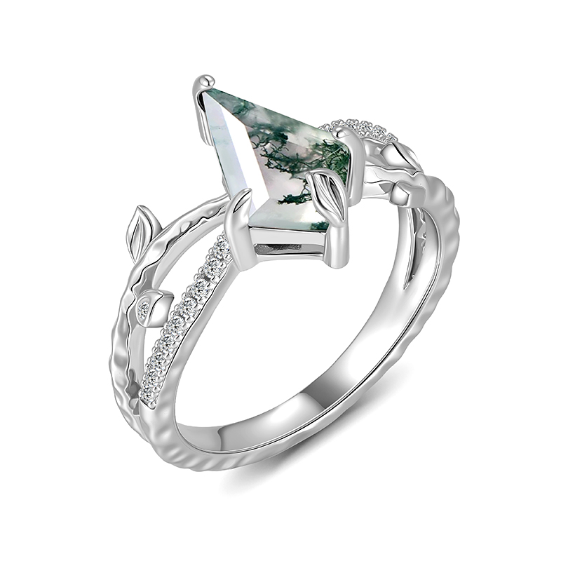 Juelvia Kite Cut Moss Agate Engagement Ring with Leaf Band