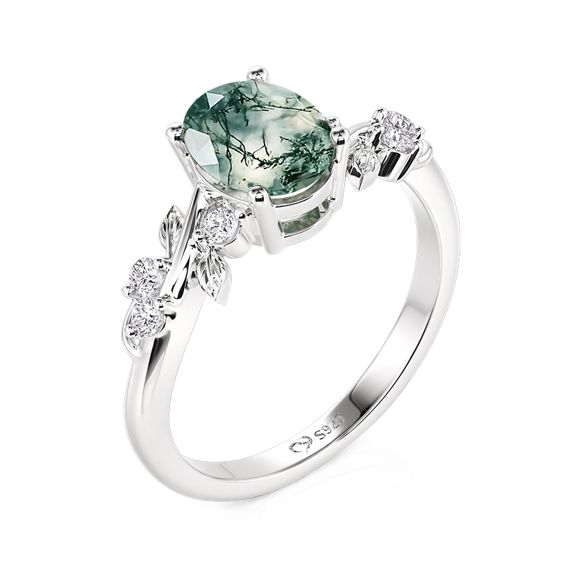 Juelvia Vine Leaf Oval Moss Agate Engagement Ring