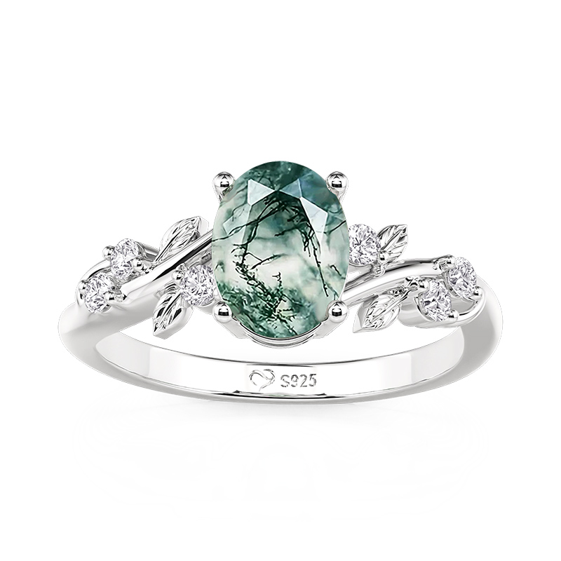 Juelvia Vine Leaf Oval Moss Agate Engagement Ring