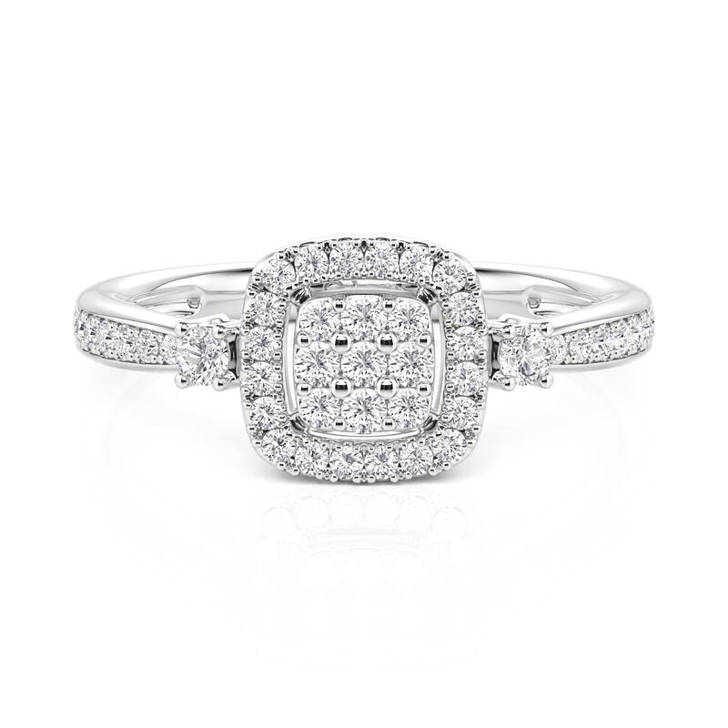 Minimalist Three Stone Halo Square Engagement Ring