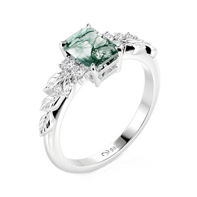 Juelvia Symmetry Design Leaf Moss Agate Engagement Ring