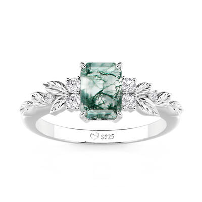Juelvia Symmetry Design Leaf Moss Agate Engagement Ring