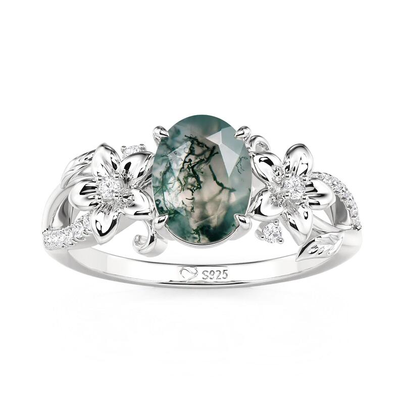Floral Twist Oval Moss Agate Engagement Ring