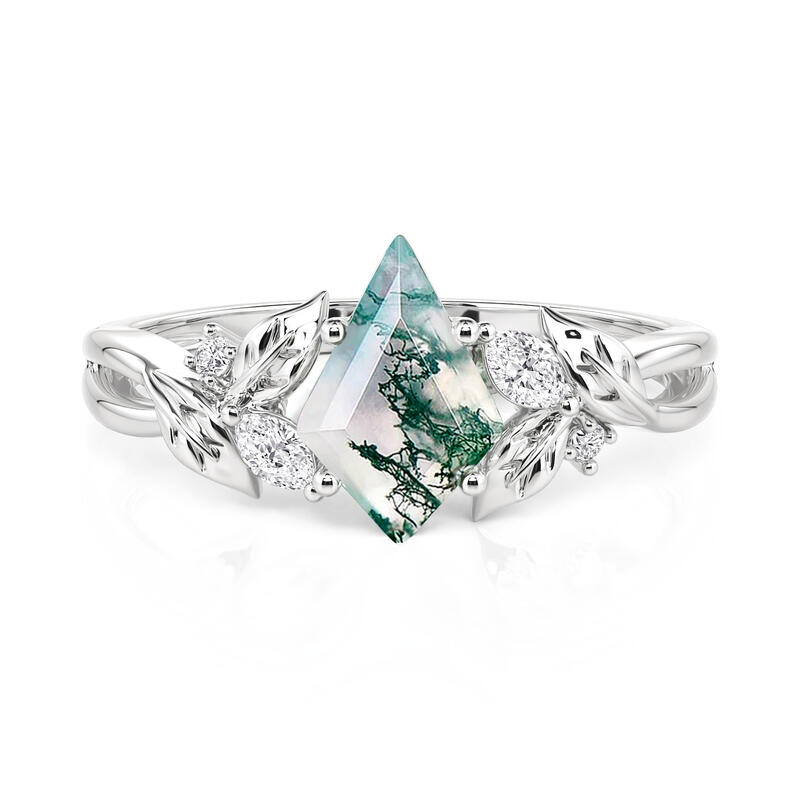Twisted Vine Leaf Kite Cut Moss Agate Engagement Ring
