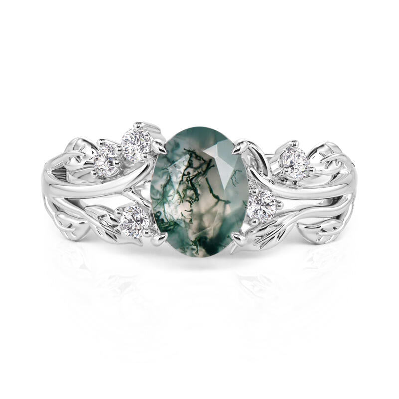 Floral Leaf Oval Moss Agate Engagement Ring
