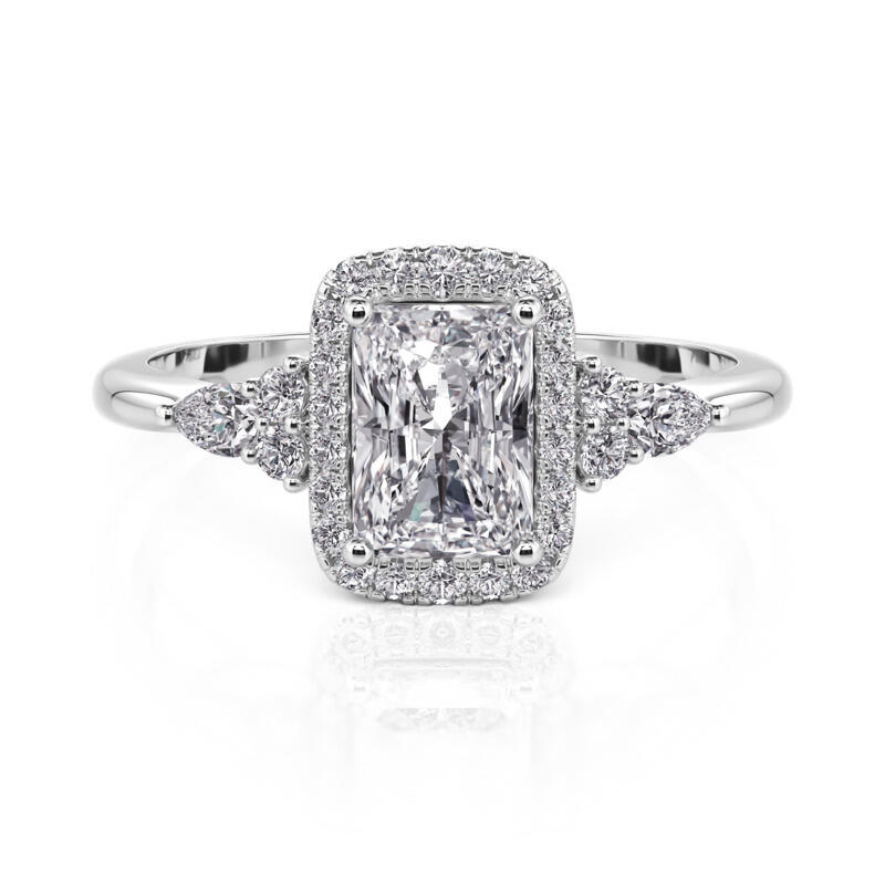 Three Stone Radiant Cut Halo Engagement Ring