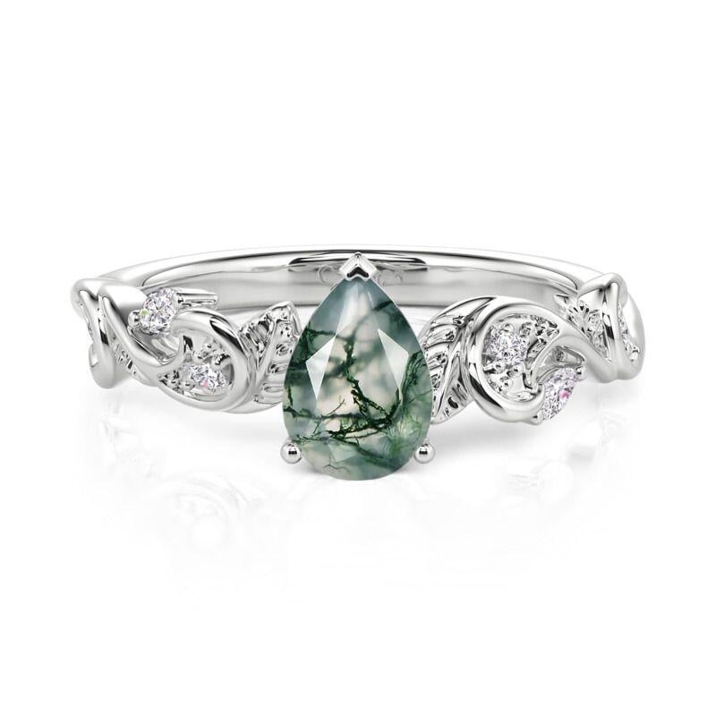 Leaf Pear Cut Moss Agate Engagement Ring Sterling Silver