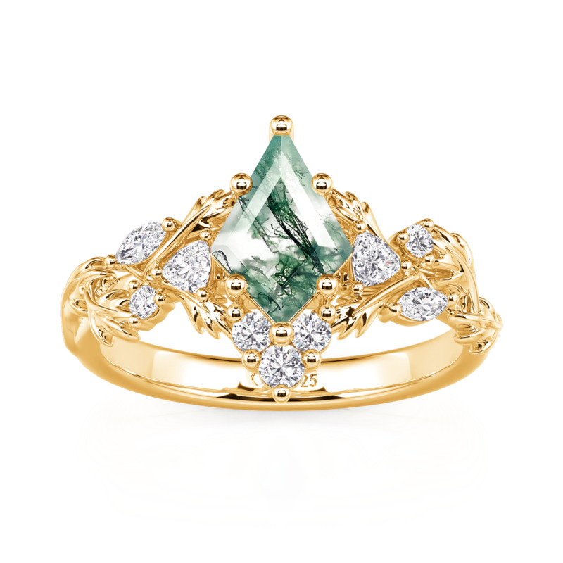 Juelvia Gold Leaf Kite Cut Moss Agate Engagement Ring