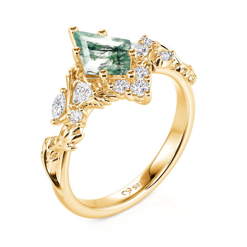 Juelvia Gold Leaf Kite Cut Moss Agate Engagement Ring