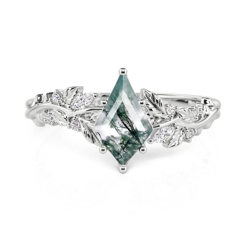 Leaf-Wrapped Kite Cut Moss Agate Engagement Ring