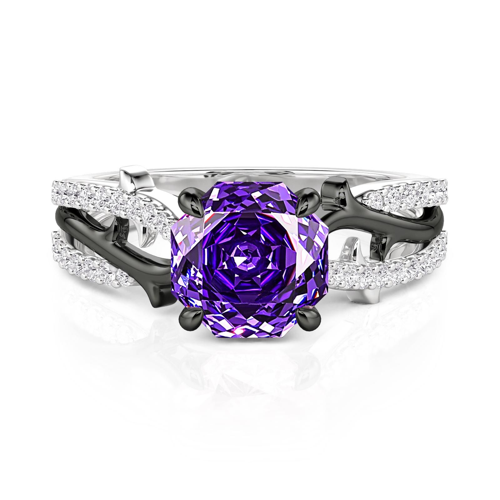 Two-Tone Vine Purple Rose Cut Ring Sterling Silver