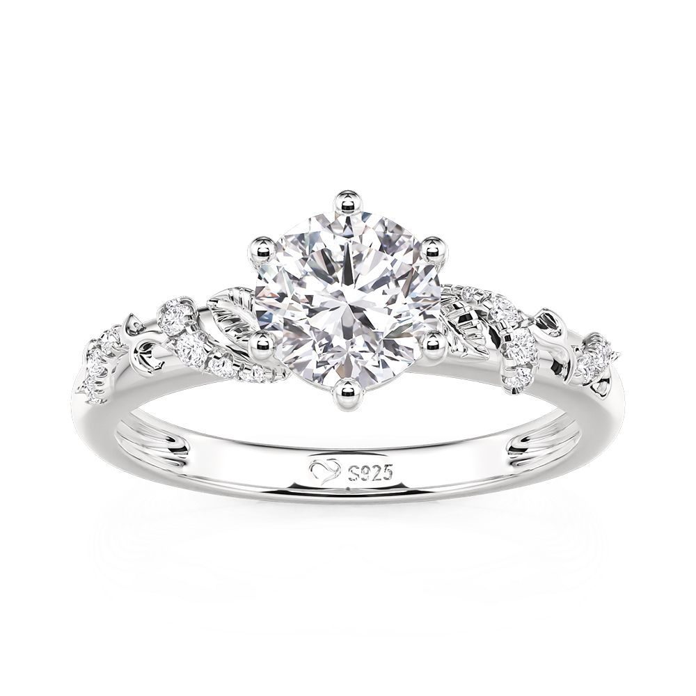 Branch-Leaf Round Engagement Ring Sterling Silver
