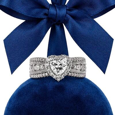 Juelvia Vintage Heart Halo Three Row Pave Engagement Ring