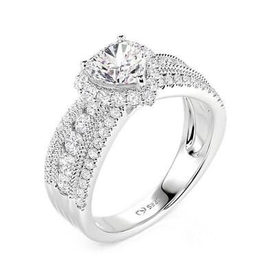 Juelvia Vintage Heart Halo Three Row Pave Engagement Ring