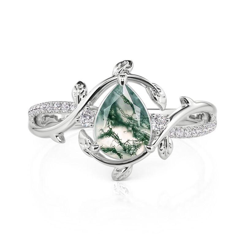 Leaf Twist Pear Shaped Moss Agate Engagement Ring