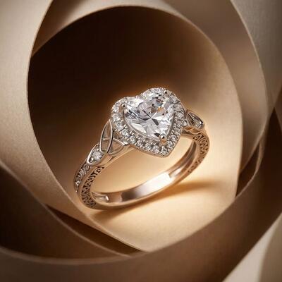 Juelvia Vintage Celtic Knot Heart Halo Scrollwork Engagement Ring