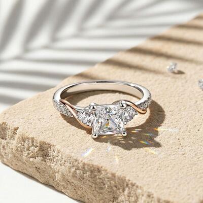 Juelvia Amore Two Tone Three Stone Square Cut Engagement Ring