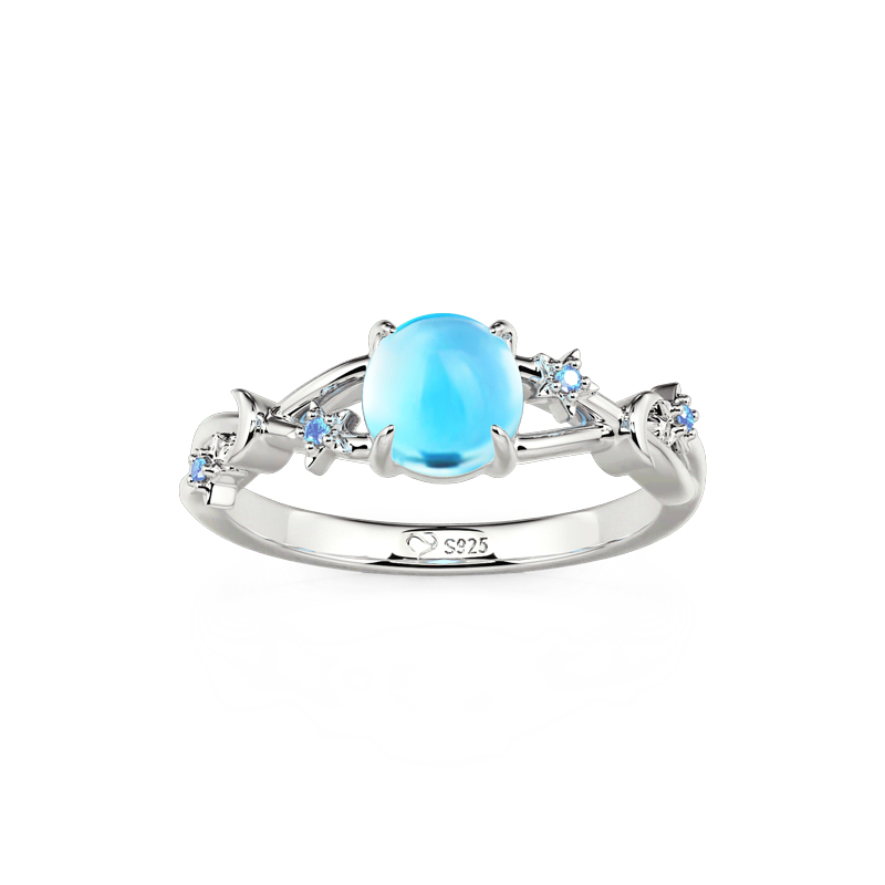 Juelvia Twist Moon and Star Sterling Silver Ring with Blue Stone