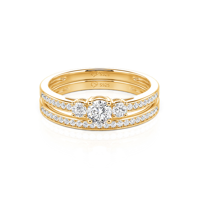 Three Stone Round Cut Bridal Ring Set Sterling Silver
