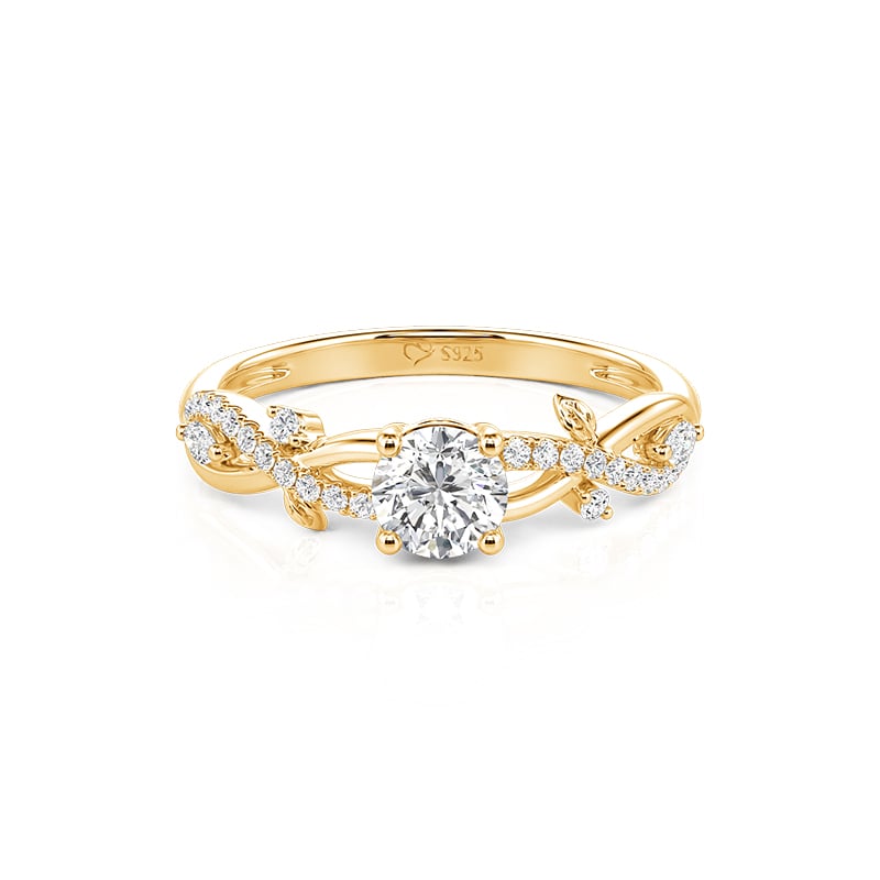 Gold Intertwined Leaf Vine Round Cut Promise Ring