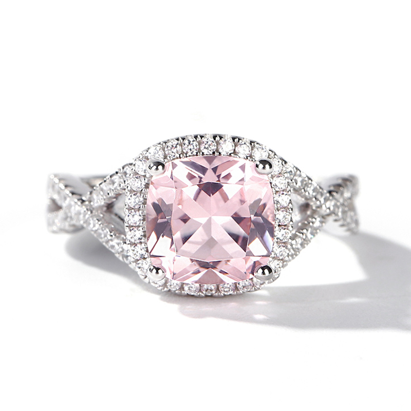 Twist Halo Cushion Cut Synthetic Morganite Sterling Silver Ring