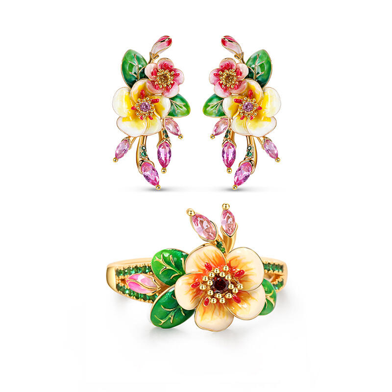 "Whimsical Beauty" Pear Blossom Enamel Sterling Silver Jewelry Set