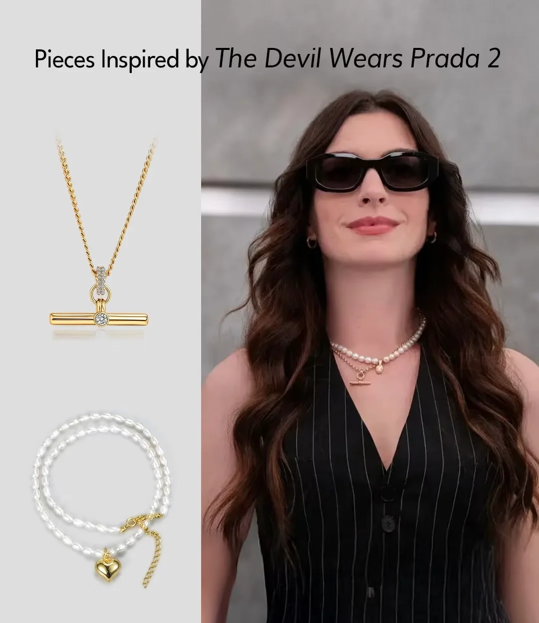 Juelvia Andy Style Gold T-Bar Pearl Necklace Set