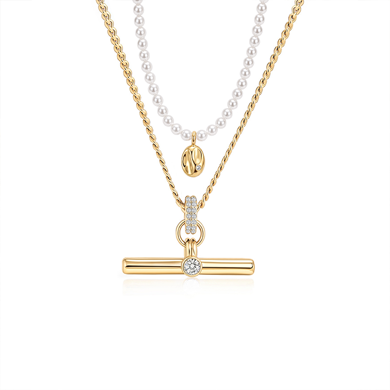 Andy Style Minimalist Pearl Gold T-Bar Necklace Set