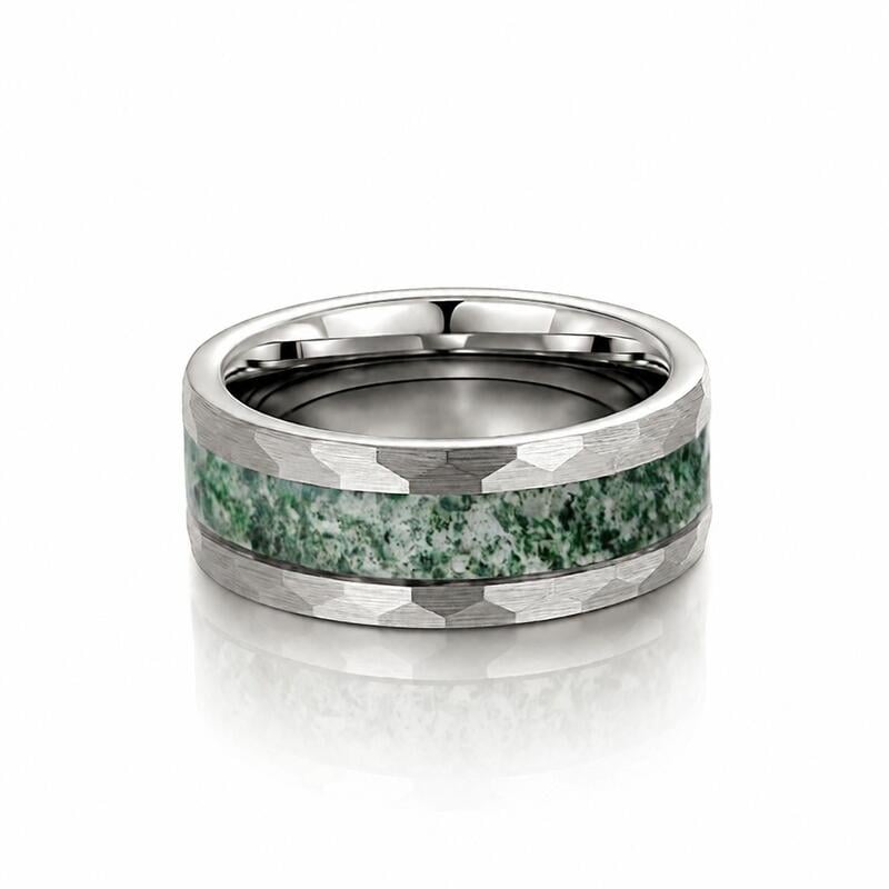 Men's Hammered Tungsten Moss Agate Ring