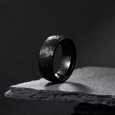 Juelvia Brushed Black Hammered Tungsten Ring for Men