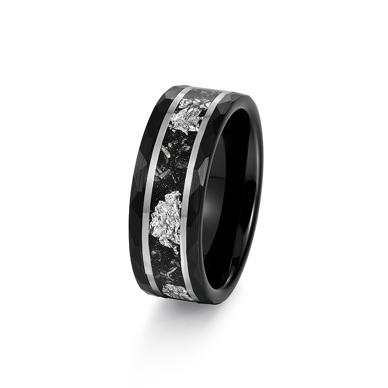 Juelvia Men's Minimalist Black Hammered Tungsten Ring