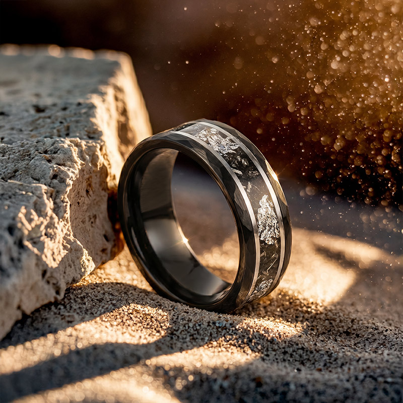 Juelvia Men's Minimalist Black Hammered Tungsten Ring