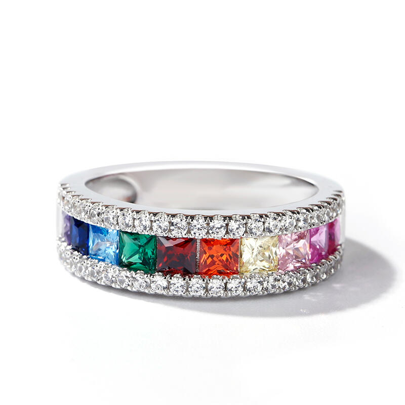 Multi-Color Princess Cut Sterling Silver Band