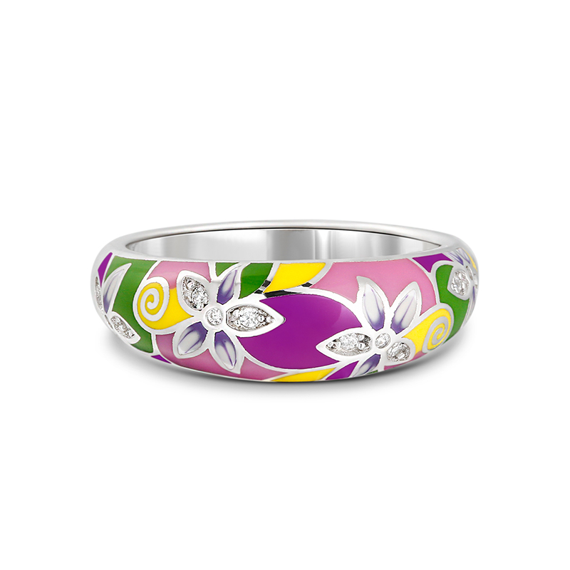 "Charming Flower" Multicolored Enamel Sterling Silver Women's Band