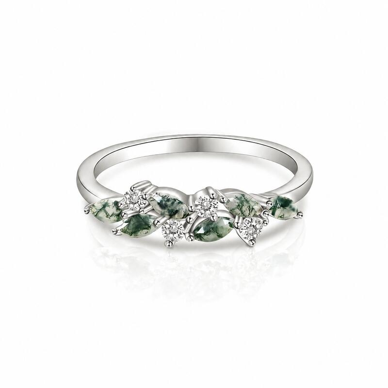 Moss Agate Cluster Women's Wedding Band Sterling Silver