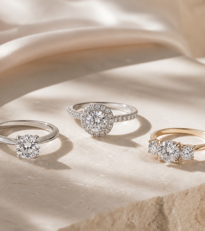 Three engagement rings comparing solitaire, halo and three-stone settings