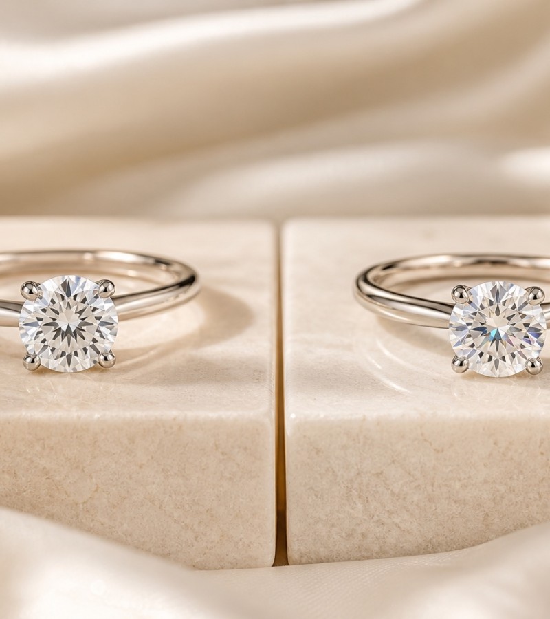 Two solitaire rings comparing diamond-like and moissanite sparkle
