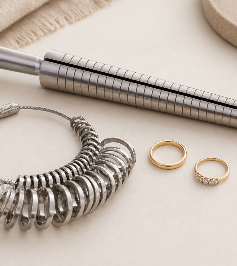 Ring sizing tools with two rings on a warm ivory surface