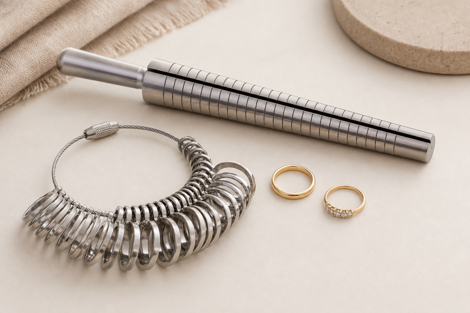 Ring sizing tools with two rings on a warm ivory surface